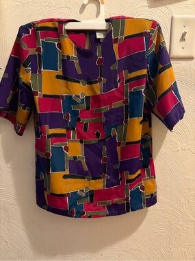 Vintage Geometric Print Short Sleeve Blouse - Multi